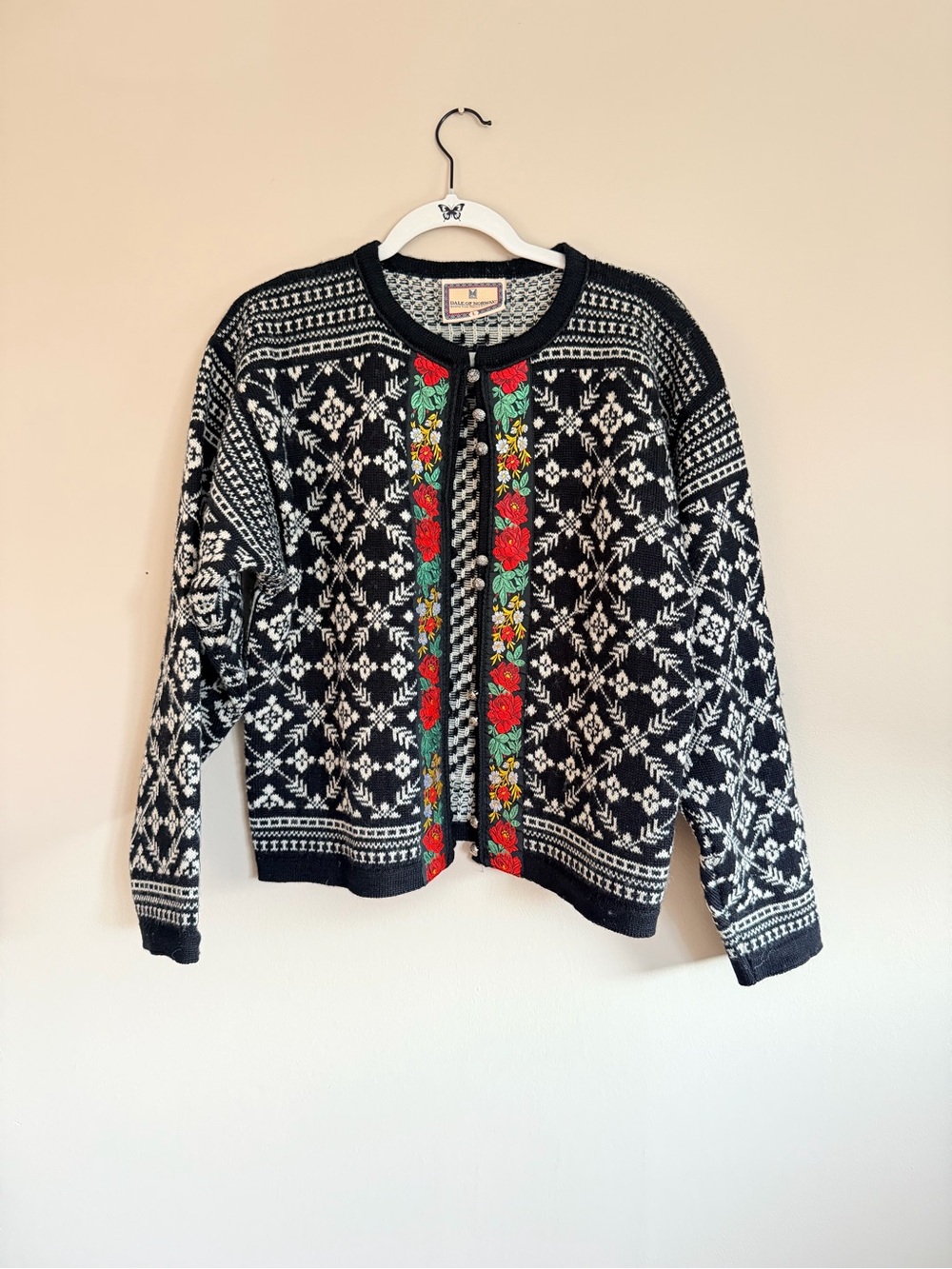 Dale of Norway Black and White Nordic Cardigan with Red Rose Trim